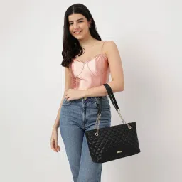 fastrack accessories Black Pu Structured Quilted Tote Bag with Chain Shoulder Straps image 1