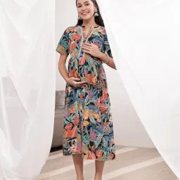 Zelena Multi-Color Cotton Zipless Maternity and Nursing Dress with Metallic Lace-image-51