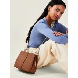 Accessorize London Women Brown Faux Leather Webbing Strap Sling Bag with Detachable Strap-image-56