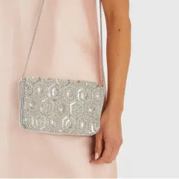 Accessorize London Women Silver Embellished Fold Over Clutch with Detachable Strap-image-16