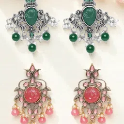 OOMPH Combo of 2 Ethnic Drop Earrings Oxidised Green and Antique Gold Stones (Pack of 2)-image-15