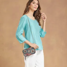 fabindia fashion Fabindia Blue Wood Clutch with Detachable Chain (Small)-picture-16
