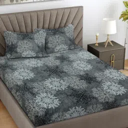 FABINALIV Grey Floral 300 Tc King Size Woollen Double Bedsheet With 2 Pillow Covers-picture-14