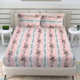FABINALIV Pink Floral 300 TC Cotton Blend Fitted Bedsheet with 2 Pillow Covers (King)-image-68
