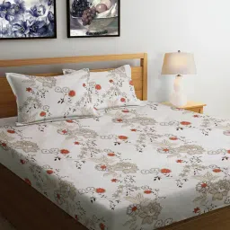 FABINALIV Beige Floral 300 TC Cotton Blend Bedsheet with 2 Pillow Covers (King)-image-87