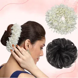 Majestique White Mogra Artificial Flower Gajra & Funky Messy Bun Scrunchies Combo-image-27