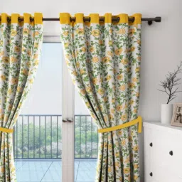 Swayam Blackout Eyelet Door Curtain - White With Yellow Floral Print & Border (7 feet)-image-14
