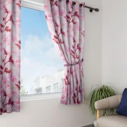 Swayam Blackout Eyelet Window Curtain - Floral Print In Pink & Red On White Base-image-11
