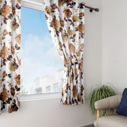 Swayam Blackout Eyelet Window Curtain - Brown Floral Print On White Base (5 feet)-image-71