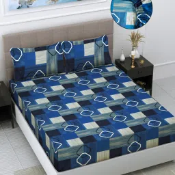 FABINALIV Blue Geometric 300 TC Cotton Blend Fitted Bedsheet with 2 Pillow Covers (King)-image-0