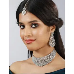 Aatmana Silver Plated Green American Diamond CZ Studded Necklace Set with Maangtikka-picture-22