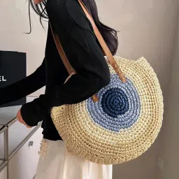 NFI Essentials Multi-Color Ethnic Knitted Straw Wicker Woven Design Handmade Hobo Beach Handbag image 1