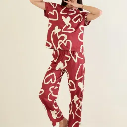 Sweet Dreams Women Maroon Heart Print Top and Pajama-image-0