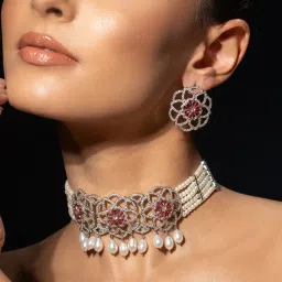 Voylla Pink Halo Essence Mandala Floral Choker Necklace with Earrings-image-32