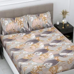 FABINALIV Beige Floral 300 TC Cotton Blend Bedsheet with 2 Pillow Covers (King)-image-95