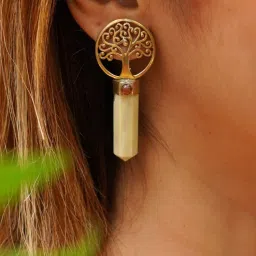 SOUL WORKS Off White Tree Of Life Crystal Drop Brass Earrings-image-77