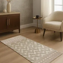 OBSESSIONS Beige Neo Classical Polyester Bedside Runner Ideal for Bedroom (2.5x5 Feet)-image-79