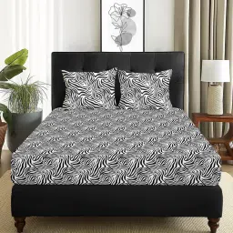 Story@Home 180 TC Black & White Graphic Microfiber Double Size Bedsheet with 2 Pillow Covers image 1