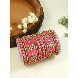 I Jewels Gold Plated Traditional Pink Silk Thread Kundan Studded Bangle Set-picture-11
