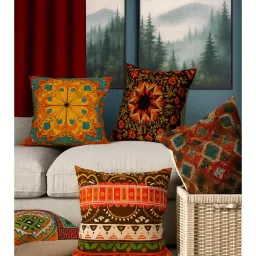 BAJO'S Cushion Cover Ethnic Red Set of 5 (16x16 Inches)-picture-11