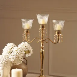 Pure Home + Living Gold 3 Arm Candelabra with Hanging Crystals-image-69