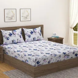 Swayam Ivory Floral Cotton Bedsheet With Teal & Lavender Print - Includes 2 Pillow Cover King-image-20