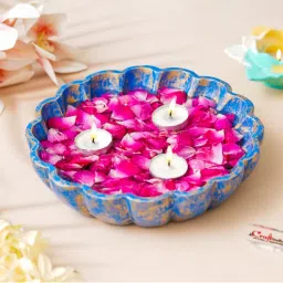 eCraftIndia Blue Golden Beautiful Flower Urli Bowl For Home Decor-picture-13