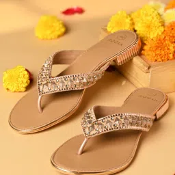 ROCIA Rose Gold Women Embroidered Thong Flats-picture-36