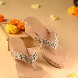 ROCIA Rose Gold Women Cork Covered Embroidered Wedges Heels-picture-14