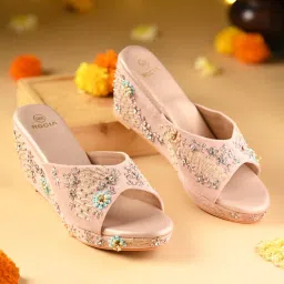 ROCIA Rose Gold Women Heavy Embroidered Velvet Wedges Heels-picture-23