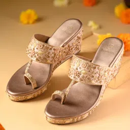 ROCIA Rose Gold Women Heavy Embroidered One Toe Wedges Heels-picture-15