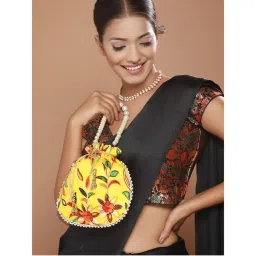 Aatmana Yellow Multi-coloured Leaf Pattern Potli Bag-picture-11