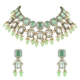 I Jewels Gold-Plated Green-Coloured Polka Kundan Studded Beaded Jewellery Set-picture-19