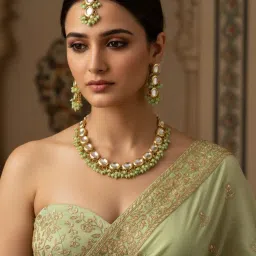 LUCKY JEWELLERY 18k Gold Plating Kundan Choker Green Necklace with Pair of Earrings and Mang Tikka-picture-36