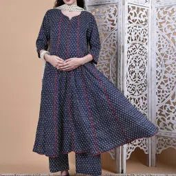 Secret Wish Navy Blue Floral Cotton Maternity Kurta with Pant & Dupatta-image-53