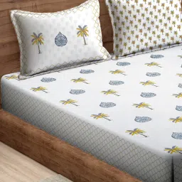 Rajasthan Decor White Floral Printed Pure Cotton King Size Bed Sheet with 2 Pillow Covers-picture-11