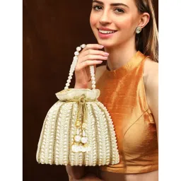 Peora Gold Potli Bags Evening Bags Ethnic Bride Purse with Drawstring Cream - P82CRM image 2