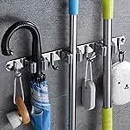 Kepzell Broom Mop Holder Wall Mount Stainless Steel Wall Mounted Storage Organizer Heavy Duty Tools Hanger for Kitchen Bathroom Closet Garage Office Garden-1Pc(3 Racks 4 Hooks)-image-83