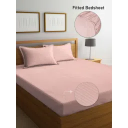 FABINALIV Peach Striped 300 TC Cotton Blend Fitted Bedsheet with 2 Pillow Covers (King) image 2