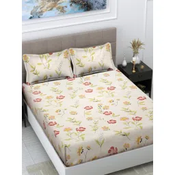 FABINALIV Multicolor Floral Cotton Blend King Size Fitted Double Bedsheet With 2 Pillow Covers image 3
