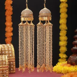 Aatmana Gold Plated Stone studded & White Long Pearl Beaded Bridal Dome Kaleeras image 3