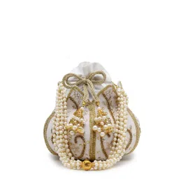 Anekaant Lotus White and Gold Floral Embellished Velvet Potli image 5