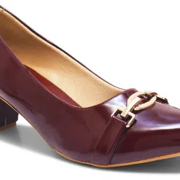 SHUZ TOUCH Cherry Classic Patent Pumps Block Heels with Gold Buckle image 5