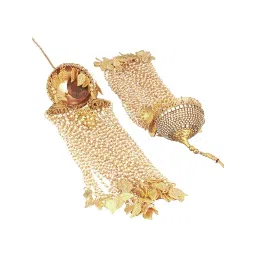 Aatmana Gold Plated Stone studded & White Long Pearl Beaded Bridal Dome Kaleeras image 5