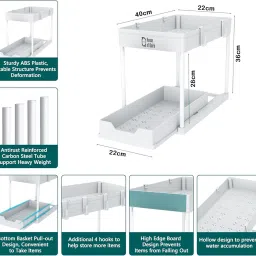 House of Quirk Under Sliding Cabinet Basket Organizer, 2 Tier Storage Under Cabinet Bathroom Under Sink Organizers and Under Sink Storage for Bathroom Kitchen (White) image 2