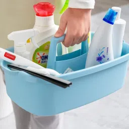 Large Plastic Storage Basket Portable Shower Caddy Tote Organizer Basket with Handle for Bathroom, Bedroom, Kitchen, College Dorm, Garden, Garage, Tool, Cleaning Supplies, Blue image 1
