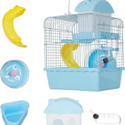 AMAZON BASICS Hamster, Gerbil, Guinea Pig CAGE and Playhouse, Double Story with Slide, Exercise Wheel and Feeding Bottle | 27 X 17.5 X 17.5 CM | Blue image 5