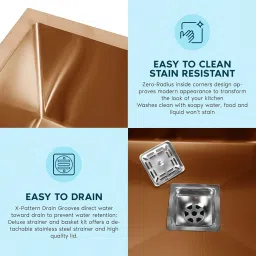 REMANENCE Premium 304 Stainless Steel Sink For Kitchen Handmade Sink Single Bowl With Sound Proof Pads | Waste Pipe | Square Coupling | Adjustble Rack (Rose Gold, 24 x 18 Inch) image 4
