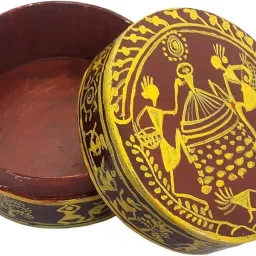 Multipurpose multi-colour Saurachitra Decorative round box Box-S-100 | hand made hand painted tribal craft |storage box with lid| size 4 inch dia X 2.5 inch deep image 1