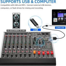 8 Channel Audio Mixer Professional Sound Mixing Board with 99 DSP Effects, 7-band EQ Digital DJ Mixer Console w/USB Bluetooth MP3 for Recording, Independent 48V Power & Mute Button image 4